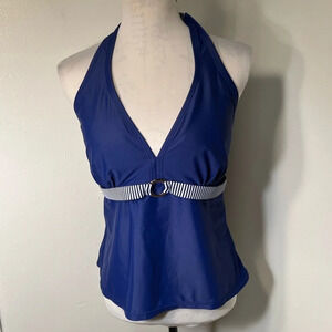 Tropical Escape, 18W, halter style blue &white, striped tankini attached w/belt